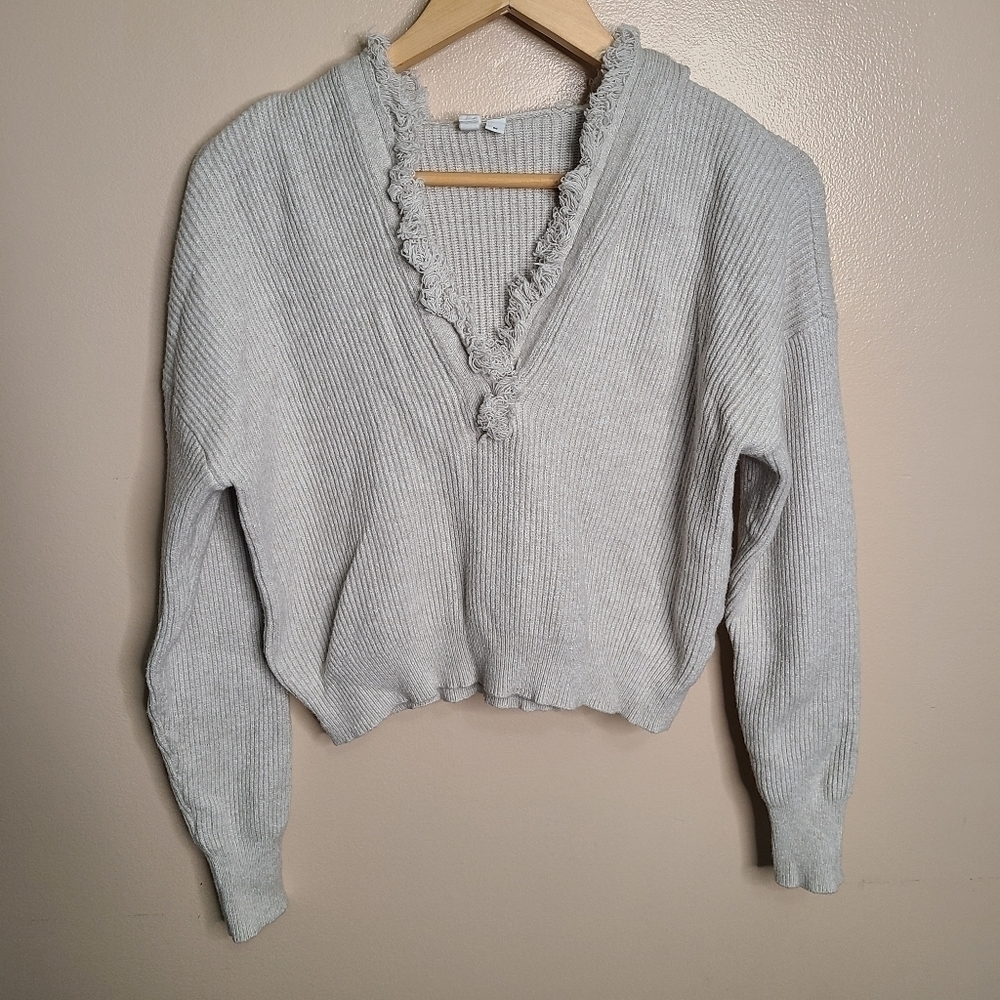 Elan Cream Ribbed Cropped Fringe Hoodie